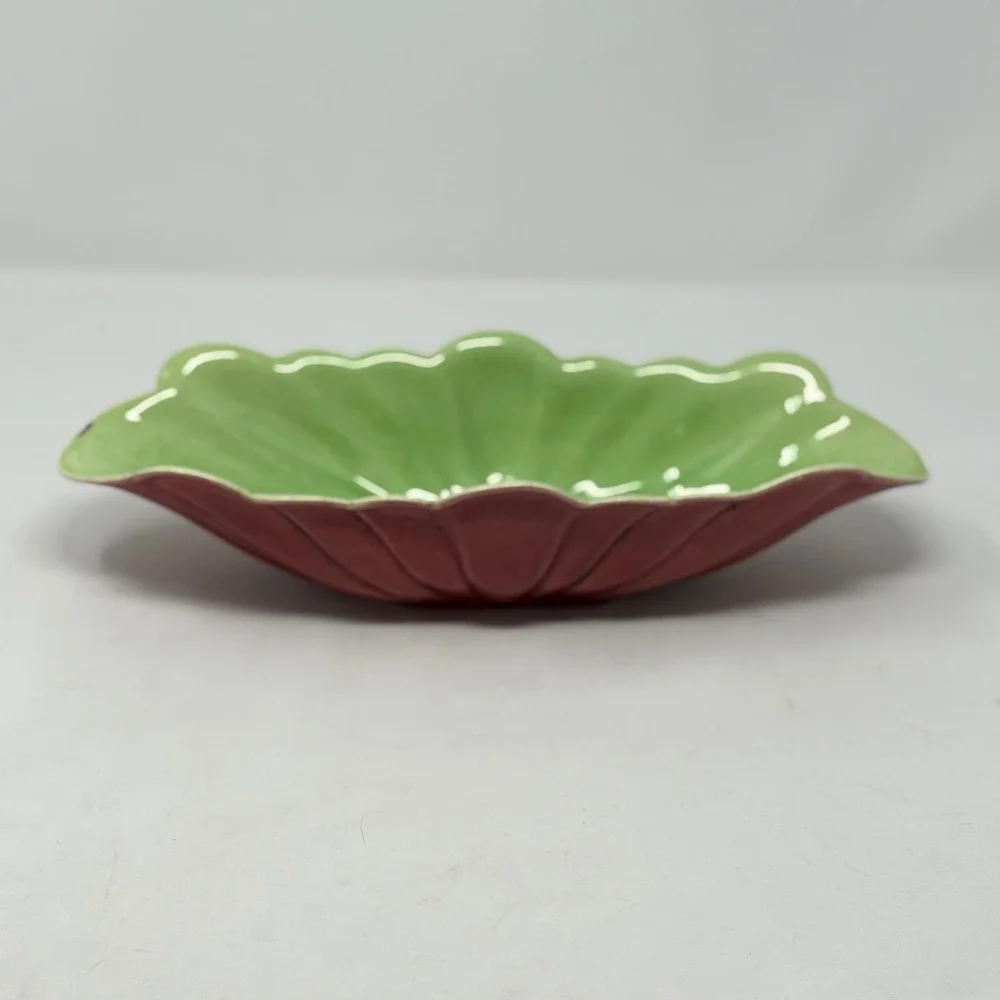 Cemar 662 Vintage Scalloped Ceramic Bowl Burgundy Green California Pottery MCM
